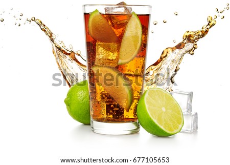 cuba libre with flowing wave, lime fruit and ice cubes 