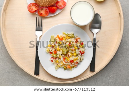 Serving tray with tasty food on table. Concept of school lunch