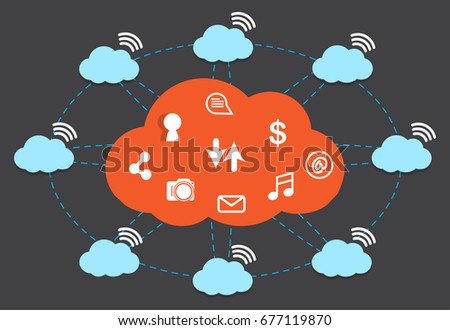 Cloud technology, several connected online storage. Wireless cloud network and distributed computing big data center. Vector illustration concept.