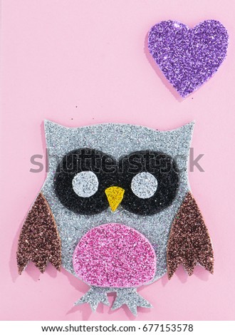 pink greeting pattern decorated with grey owl and purple heart 