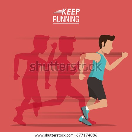 red background of poster keep running with male athlete with shadows him behind
