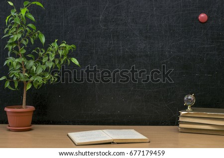 Teacher or student desk table. Education background. Education mockup concept. Handbook (textbook), book, globe and green plant tree on blackboard (chalkboard) background.