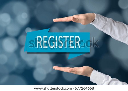 Register now concept. Businessman hands in bacground. 