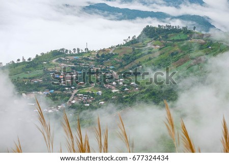 Village, Houses on the Mountain with foreground of mission glass