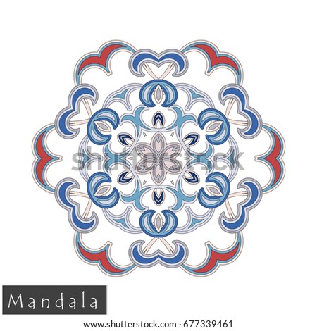Floral symmetrical geometrical symbol. Vector flower mandala icon isolated on white. Oriental round colored pattern. Arabic, Indian, Moroccan, Spain, Turkish, Pakistan, Chinese decorative element.
