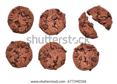 Six cookies with chocolate on isolated background. Broken cookies Royalty-Free Stock Photo #677340106