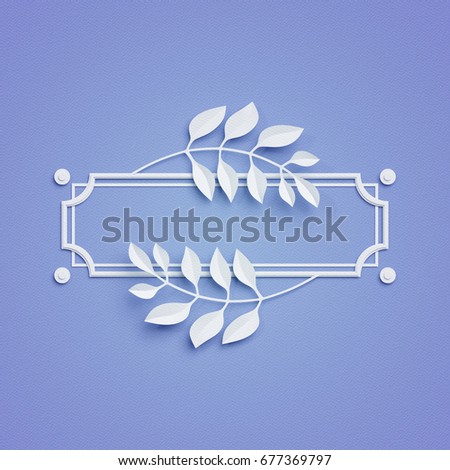3d render, blue paper craft background, palm leaves, poster frame, cover, banner, label