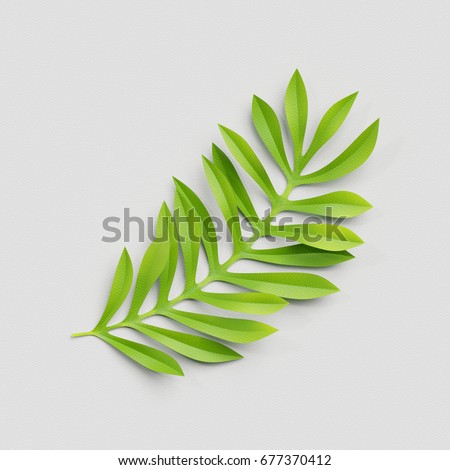 3d render, paper cut decor, green tropical leaf, isolated botanical clip art element