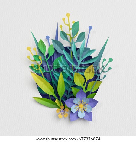 3d render, paper cut decor, meadow flowers and herbs,earth day greeting card, isolated botanical clip art elements