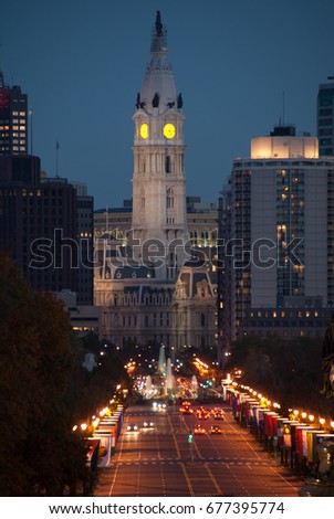 Philadelphia at night, looking down the street from the Philadelphia Art Museum to City Hall.