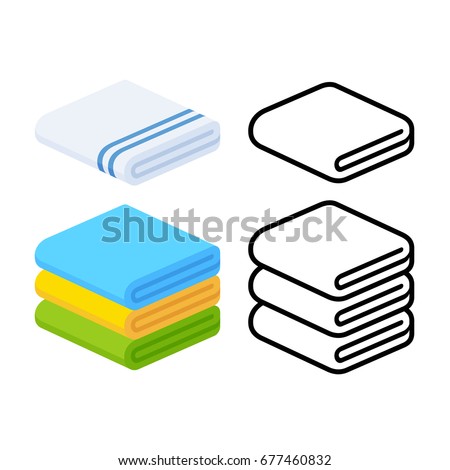 Set of towel vector illustrations. Folded towels in flat cartoon and line icon style. Royalty-Free Stock Photo #677460832