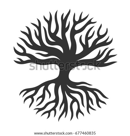 Abstract tree silhouette with roots in circle shape. Vector logo art design.