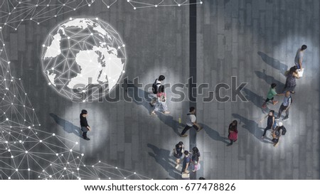 the concept art of world has social network connect people which walk on the pedestrian street walkway with the teenage young boy and girl and the group of fashion man and woman. (Top view)