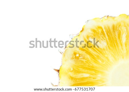 the close up  isolated quarter sliced of the fresh juicy pineapple on white background - can be used as fruit background with copy space