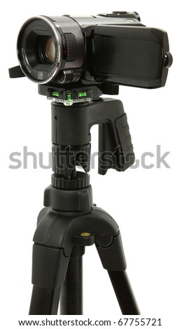 Close Up Of HD Camcorder On Tripod On White Background