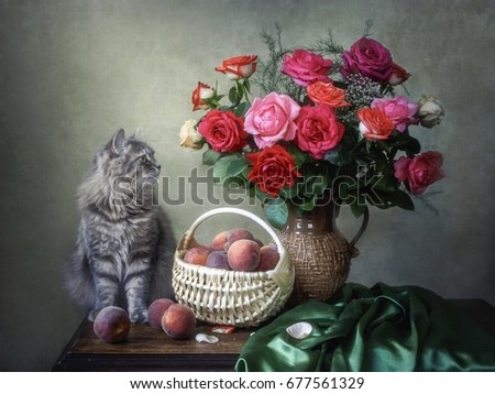 Cat, roses bouquet and peaches
