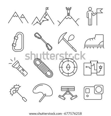 Set of climbing Related Vector Line Icons. Includes such icons as mountaineering, alpinism, sport, equipment