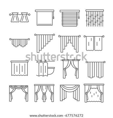Set of curtains Related Vector Line Icons. Includes such icons as blin, Gardin, portiere, drapery, window Royalty-Free Stock Photo #677576272