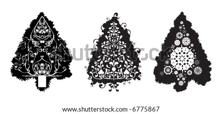 Grunge  Christmas tree set with swirls, floral designs and snowflakes