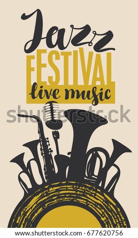 Template Poster for jazz festival with saxophone, wind instruments, microphone and vinyl record
