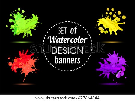 Set of watercolor stains, smudges and stains. Red watercolor banner.  Color palette. Abstract watercolor background. Vector illustration. 