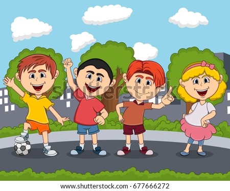 Children playing on the street park cartoon vector illustration