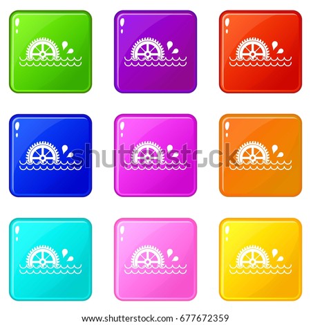 Waterwheel icons of 9 color set isolated vector illustration