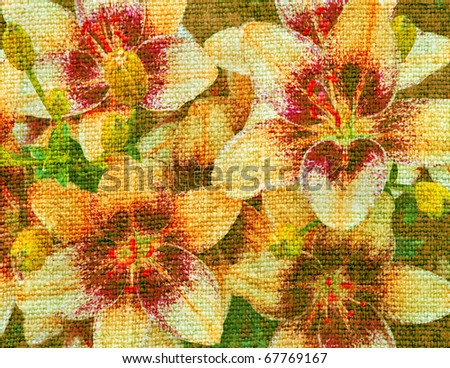 Abstract color background, lily flowers on a linen canvas