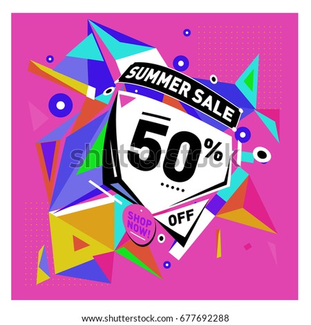Summer sale geometric style web banner. Fashion and travel discount. Vector holiday Abstract colorful illustration with special offers and promotions.