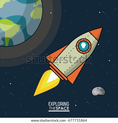colorful poster exploring the space with spaceship and planet earth and asteroid