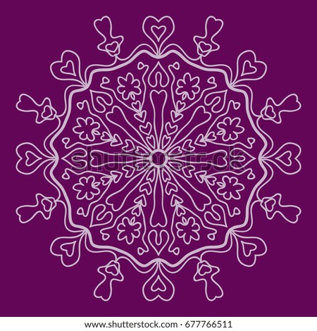 purple color Round Ethnic Pattern. Mandala Ornament. Lacy flower Snowflake. vector illustration