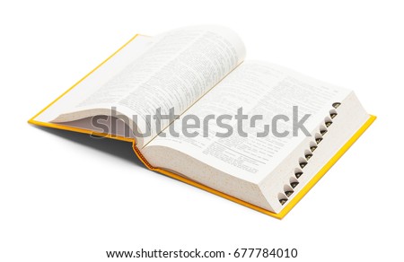 Open Yellow Dictionary Book Isolated on White Background. Royalty-Free Stock Photo #677784010