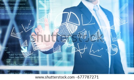View of a Businessman touching technology interface with business and finance icons