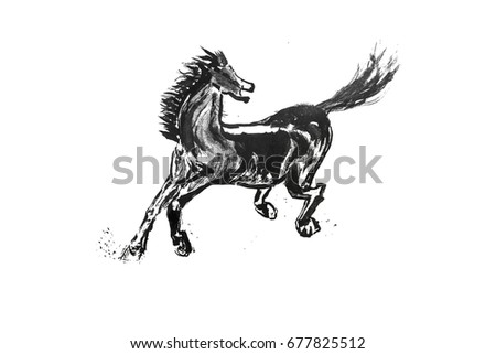 Abstract art painting Horse is running, Chinese Brush style painting horse in black and isolate house with white background.