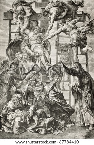 Old engraved reproduction of Descent from the Cross, famous picture by Daniele da Volterra, italian mannerist painter. Published on  L'Illustration, Journal Universel, Paris, 1860