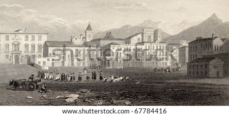 Antique illustration of Piazza Marina, Palermo, Italy. Original engraving was created by Dewint and J. Byrne and was published in London in 1823