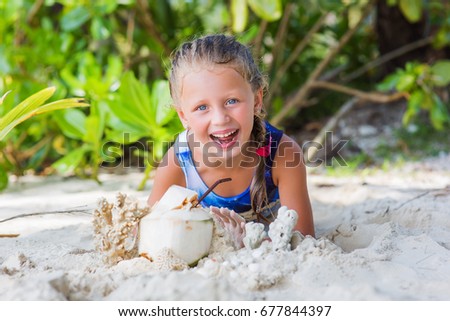 little girl on the beach drinking exotic cocktail, sea, ocean, bikini, summer, tropical, outdoors