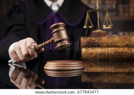Law and justice concept, Brown wooden background, beautiful reflections