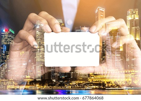 Double exposure photo of Businessman showing blank business card