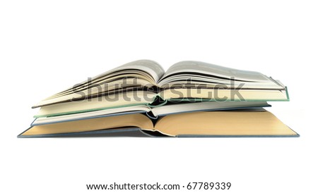 Pile of luxury bound open books isolated on white
