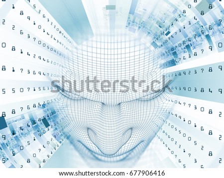 3D Rendering - Mind Field series. Interplay of head of wire mesh human model and fractal patters on the subject of artificial intelligence, science and technology