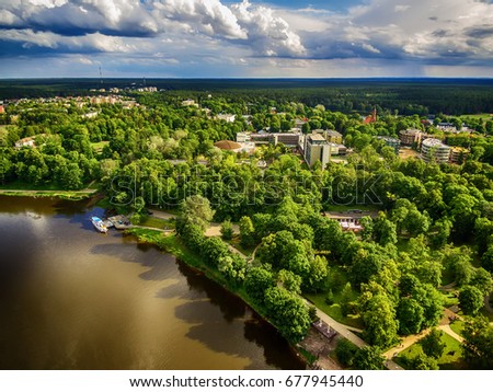 Lithuania, Baltic States: aerial UAV view of Druskininkai, a spa town on the Nemunas river
 Royalty-Free Stock Photo #677945440