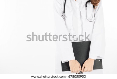 women doctor holding note bord and stethoscope with isolated white background