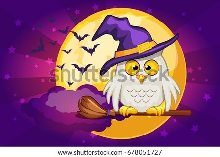 Vector Cartoon owl and moon, set Illustration Happy Halloween