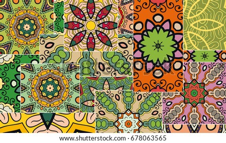 Colorful seamless pattern in mosaic style. Abstract hand drawn art, stylized floral doodle background. Tribal ethnic arabic, indian ornament. Vector patchwork quilt pattern. Textile fabric paper print