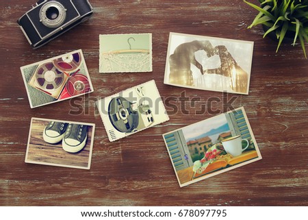 top view of photos collage on wooden background. vintage filtered image