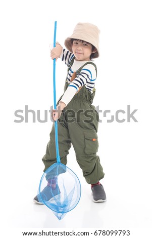 Cute Asian child holding catching net on white background isolated