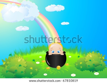 The vector stylized child in a pot on a green summer meadow
