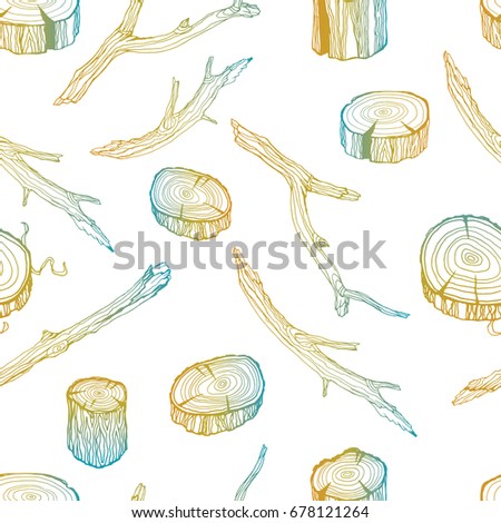 Wood twigs seamless pattern in hand drawn blue and yellow sketch style on white background