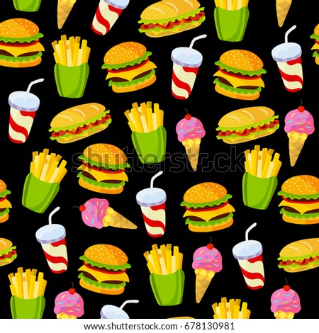 Fast food pattern on a black background. Can be used for textile, website background, book cover, packaging.